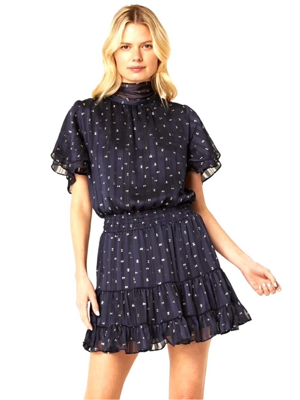 Misa Los Angeles Saffie Navy Printed Ruffle Short Dress
